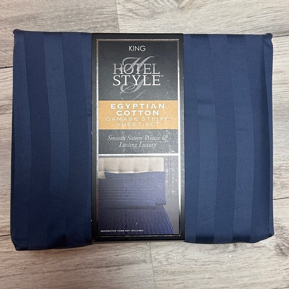 Luxurious Blue Hotel Style King Sheet Set Egyptian Cotton- Damask Stripe NEW - Picture 1 of 5